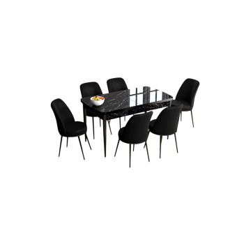 Extendable Dining Table & Chairs Set (7 Pieces) Han - Black Marble, Black Black Marble
Black