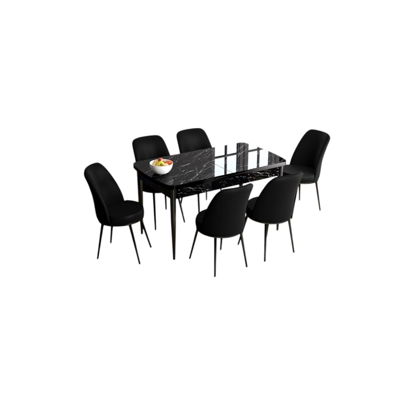 Extendable Dining Table & Chairs Set (7 Pieces) Han - Black Marble, Black Black Marble
Black
