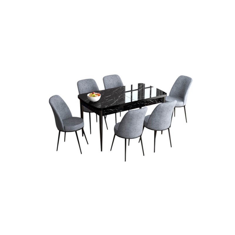 Extendable Dining Table & Chairs Set (7 Pieces) Han - Black Marble, Grey Black Marble
Grey