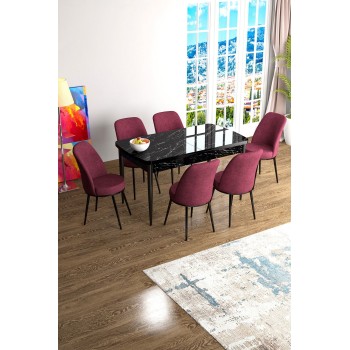 Extendable Dining Table & Chairs Set (7 Pieces) Han - Black Marble, Burgundy Black Marble
Burgundy