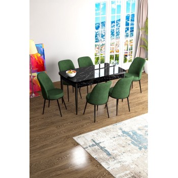 Extendable Dining Table & Chairs Set (7 Pieces) Han - Black Marble, Khaki Black Marble
Khaki