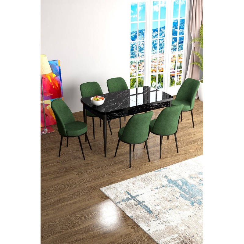 Extendable Dining Table & Chairs Set (7 Pieces) Han - Black Marble, Khaki Black Marble
Khaki