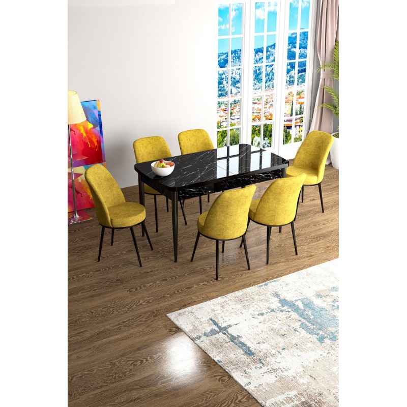 Extendable Dining Table & Chairs Set (7 Pieces) Han - Black Marble, Mustard Black Marble
Mustard