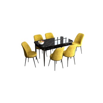 Extendable Dining Table & Chairs Set (7 Pieces) Han - Black Marble, Mustard Black Marble
Mustard