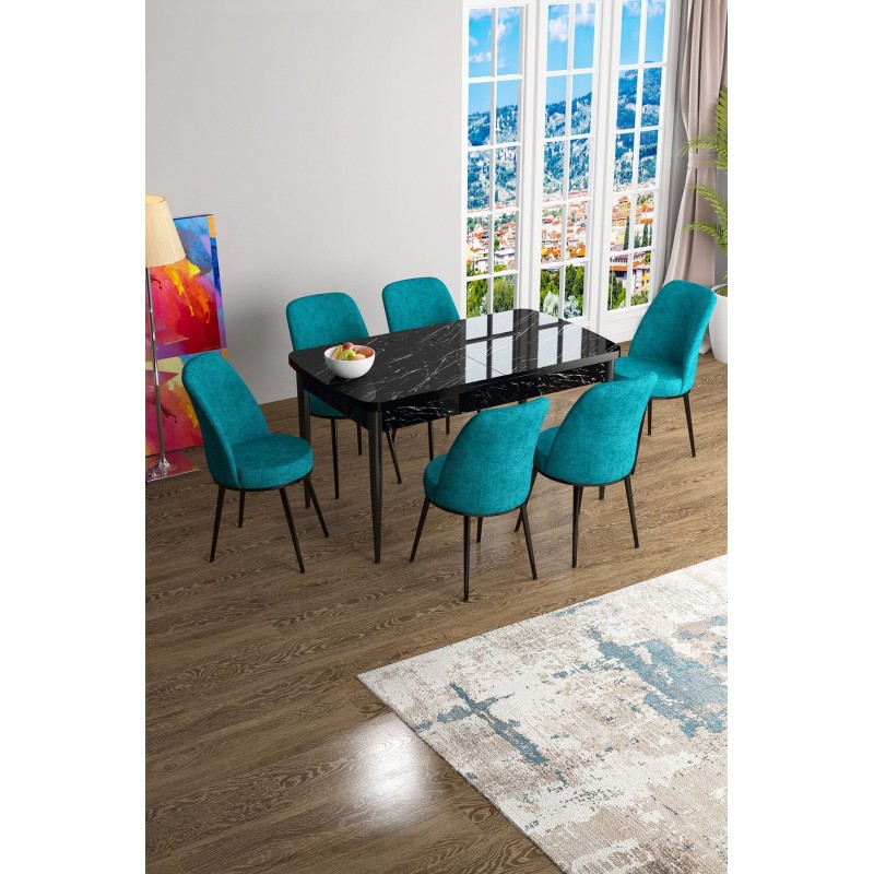 Extendable Dining Table & Chairs Set (7 Pieces) Han - Black Marble, Turquoise Black Marble
Turquoise