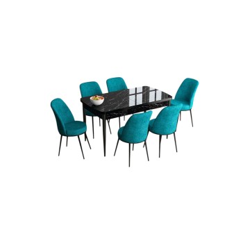 Extendable Dining Table & Chairs Set (7 Pieces) Han - Black Marble, Turquoise Black Marble
Turquoise