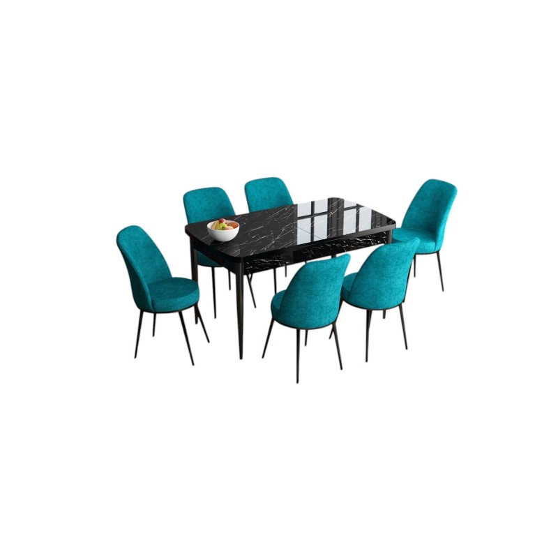 Extendable Dining Table & Chairs Set (7 Pieces) Han - Black Marble, Turquoise Black Marble
Turquoise