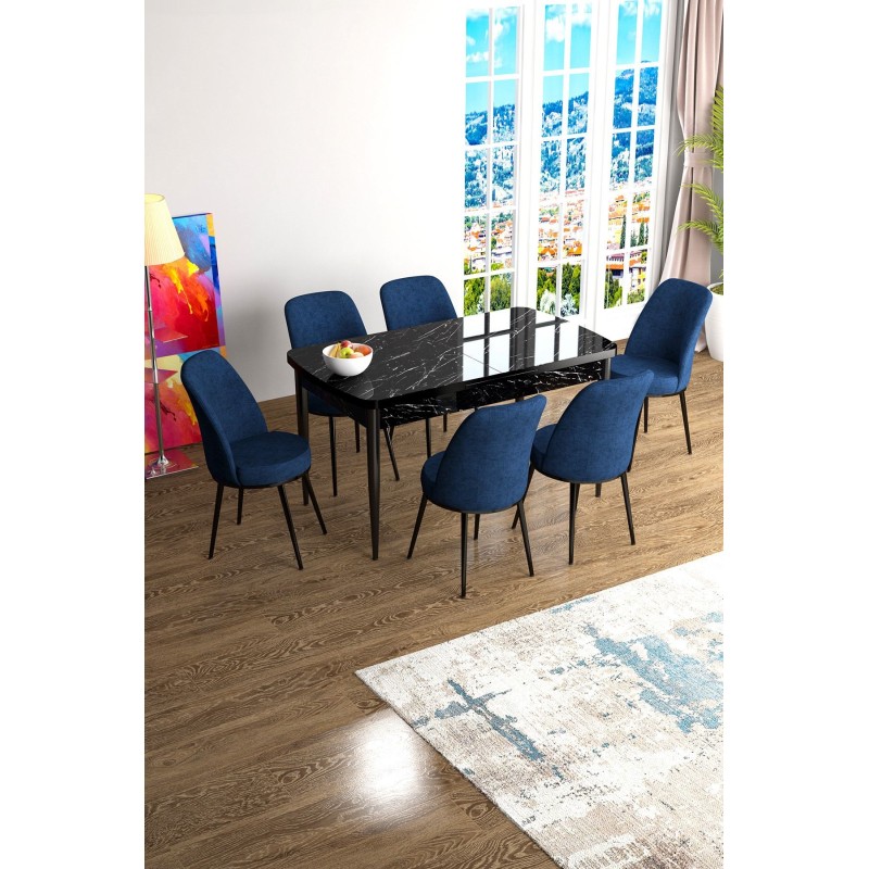 Extendable Dining Table & Chairs Set (7 Pieces) Han - Black Marble, Navy Blue Black Marble
Navy Blue