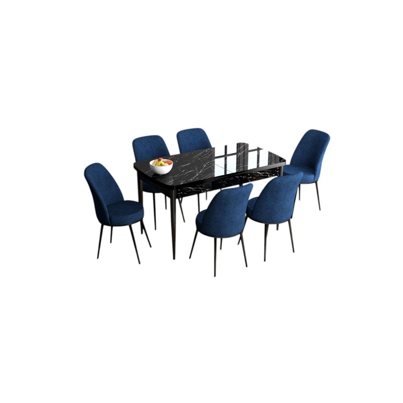 Extendable Dining Table & Chairs Set (7 Pieces) Han - Black Marble, Navy Blue Black Marble
Navy Blue