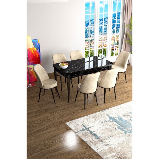 Extendable Dining Table & Chairs Set (7 Pieces) Han - Black Marble, Cream Black Marble
Cream