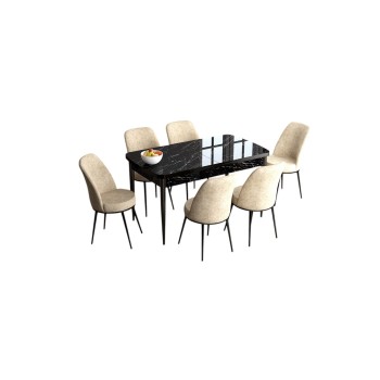 Extendable Dining Table & Chairs Set (7 Pieces) Han - Black Marble, Cream Black Marble
Cream