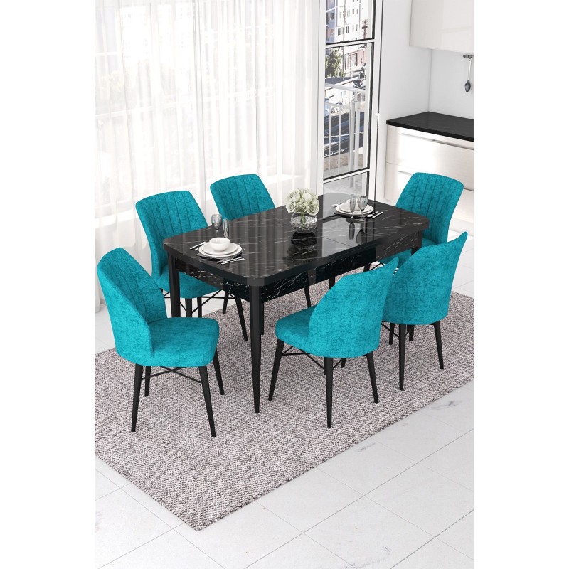 Extendable Dining Table & Chairs Set (7 Pieces) Nef - Black Marble, Turquoise Black Marble
Turquoise