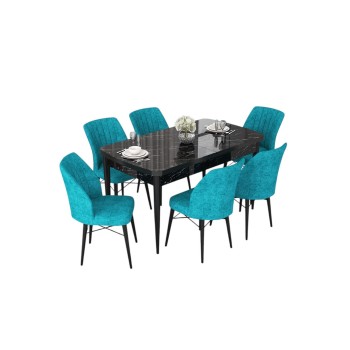 Extendable Dining Table & Chairs Set (7 Pieces) Nef - Black Marble, Turquoise Black Marble
Turquoise