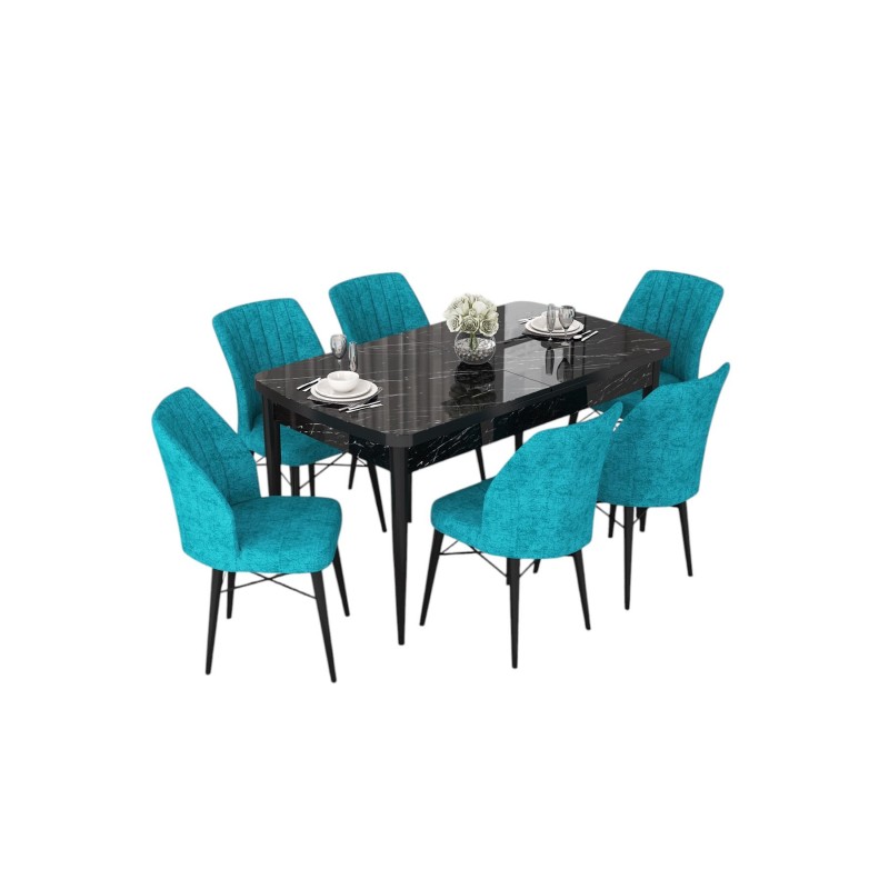Extendable Dining Table & Chairs Set (7 Pieces) Nef - Black Marble, Turquoise Black Marble
Turquoise