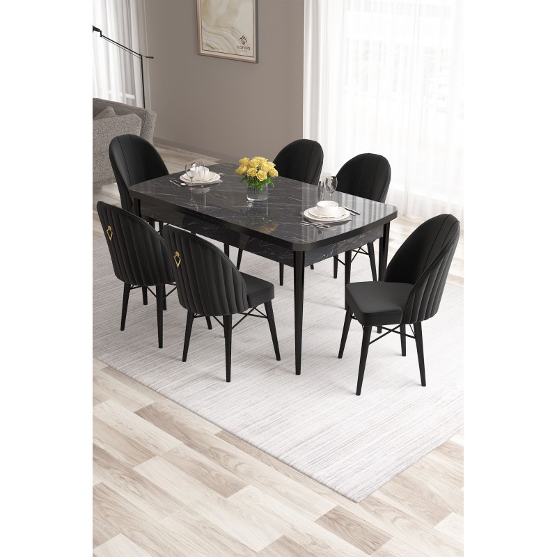 Extendable Dining Table & Chairs Set (7 Pieces) Roz - Black Marble, Black Black Marble
Black