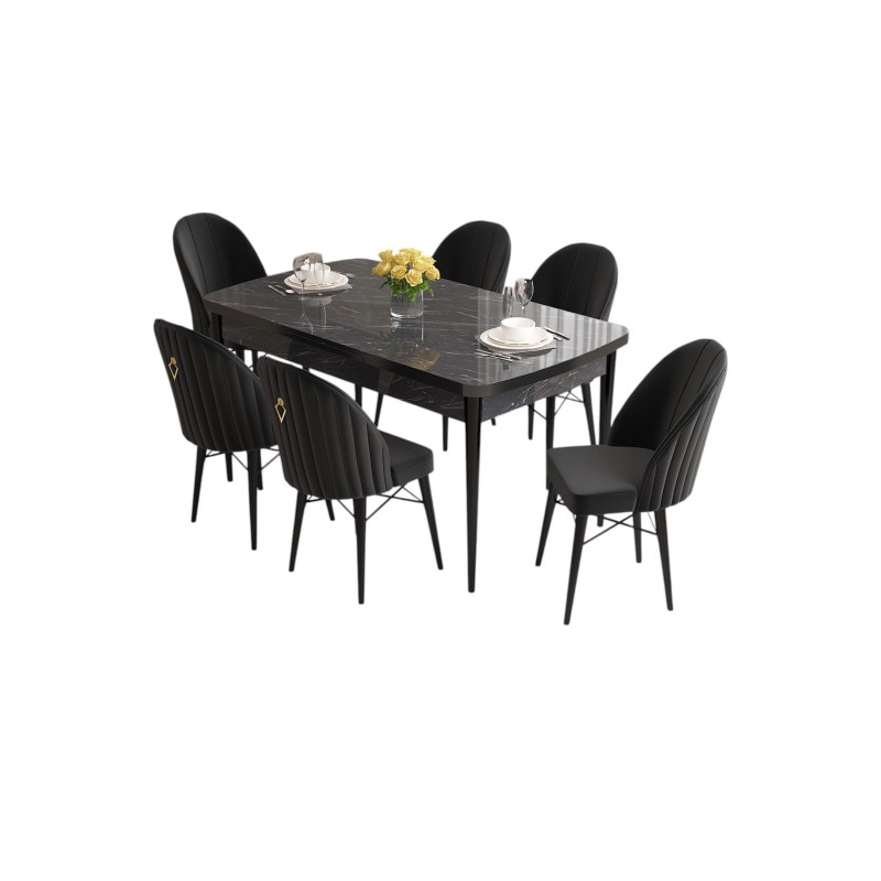 Extendable Dining Table & Chairs Set (7 Pieces) Roz - Black Marble, Black Black Marble
Black