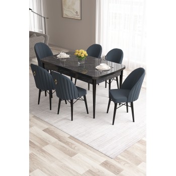 Extendable Dining Table & Chairs Set (7 Pieces) Roz - Black Marble, Anthracite Black Marble
Anthracite