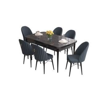 Extendable Dining Table & Chairs Set (7 Pieces) Roz - Black Marble, Anthracite Black Marble
Anthracite