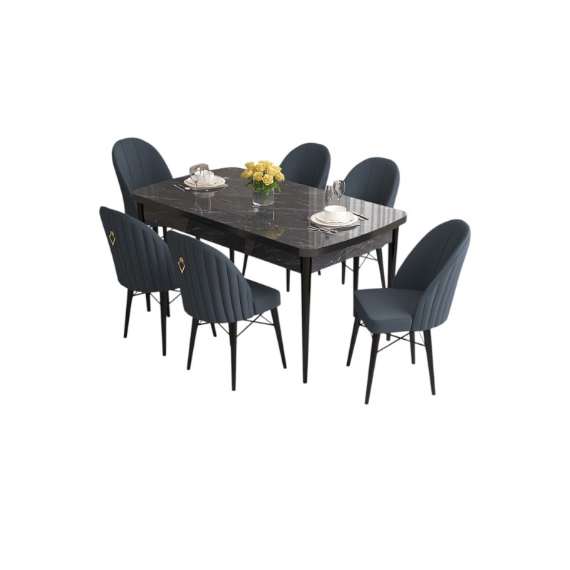 Extendable Dining Table & Chairs Set (7 Pieces) Roz - Black Marble, Anthracite Black Marble
Anthracite