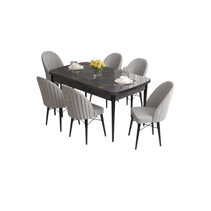 Extendable Dining Table & Chairs Set (7 Pieces) Roz - Black Marble, Grey Black Marble
Grey