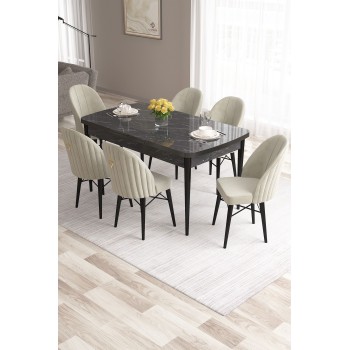 Extendable Dining Table & Chairs Set (7 Pieces) Roz - Black Marble, Cream Black Marble
Cream