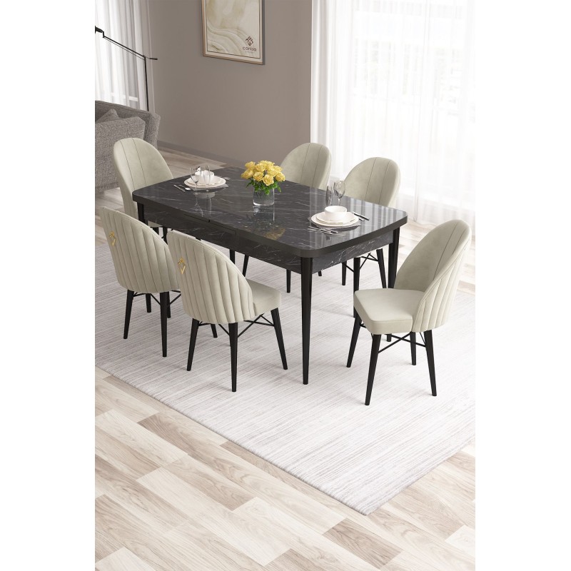 Extendable Dining Table & Chairs Set (7 Pieces) Roz - Black Marble, Cream Black Marble
Cream