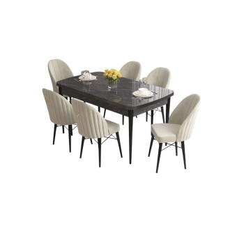Extendable Dining Table & Chairs Set (7 Pieces) Roz - Black Marble, Cream Black Marble
Cream