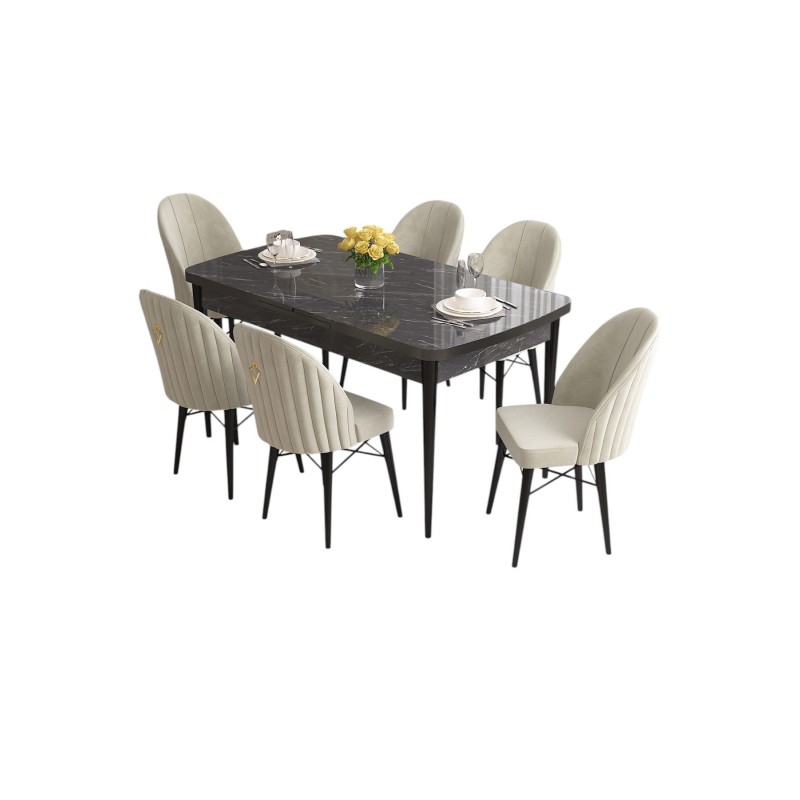 Extendable Dining Table & Chairs Set (7 Pieces) Roz - Black Marble, Cream Black Marble
Cream