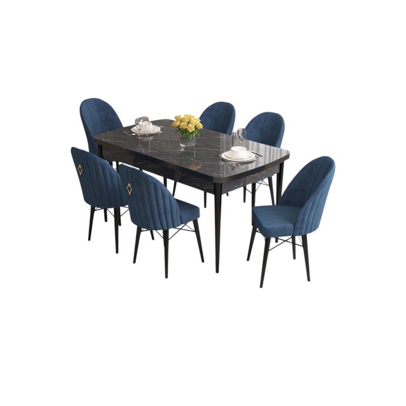 Extendable Dining Table & Chairs Set (7 Pieces) Roz - Black Marble, Navy Blue Black Marble
Navy Blue