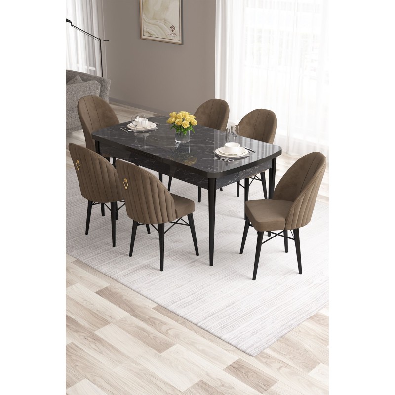Extendable Dining Table & Chairs Set (7 Pieces) Roz - Black Marble, Brown Black Marble
Brown