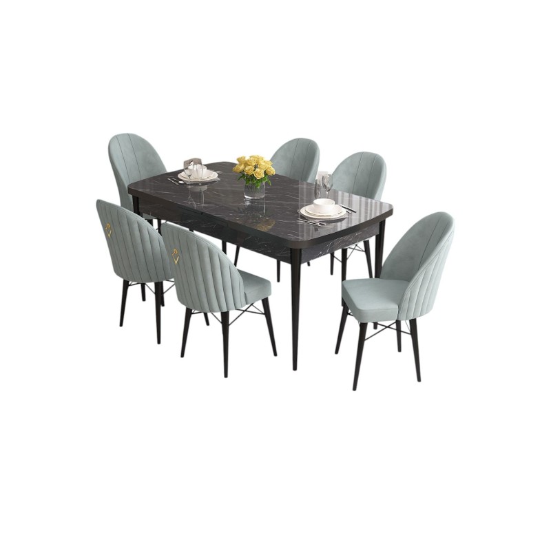 Extendable Dining Table & Chairs Set (7 Pieces) Roz - Black Marble, Sea Green Black Marble
Sea Green