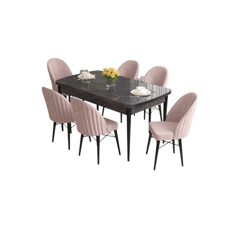 Extendable Dining Table & Chairs Set (7 Pieces) Roz - Black Marble, Pink Black Marble
Pink