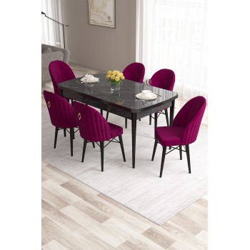 Extendable Dining Table & Chairs Set (7 Pieces) Roz - Black Marble, Damson Black Marble
Damson