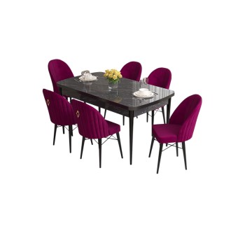 Extendable Dining Table & Chairs Set (7 Pieces) Roz - Black Marble, Damson Black Marble
Damson