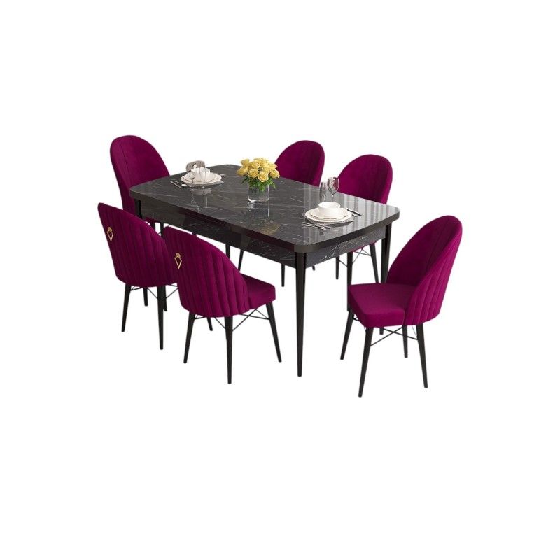 Extendable Dining Table & Chairs Set (7 Pieces) Roz - Black Marble, Damson Black Marble
Damson