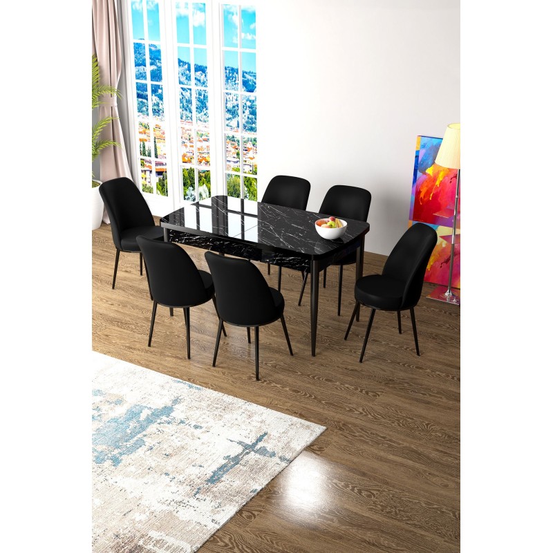 Extendable Dining Table & Chairs Set (7 Pieces) Zen - Black Marble, Black Black Marble
Black