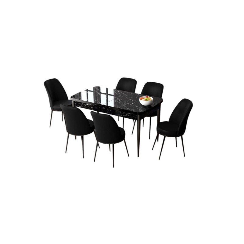 Extendable Dining Table & Chairs Set (7 Pieces) Zen - Black Marble, Black Black Marble
Black