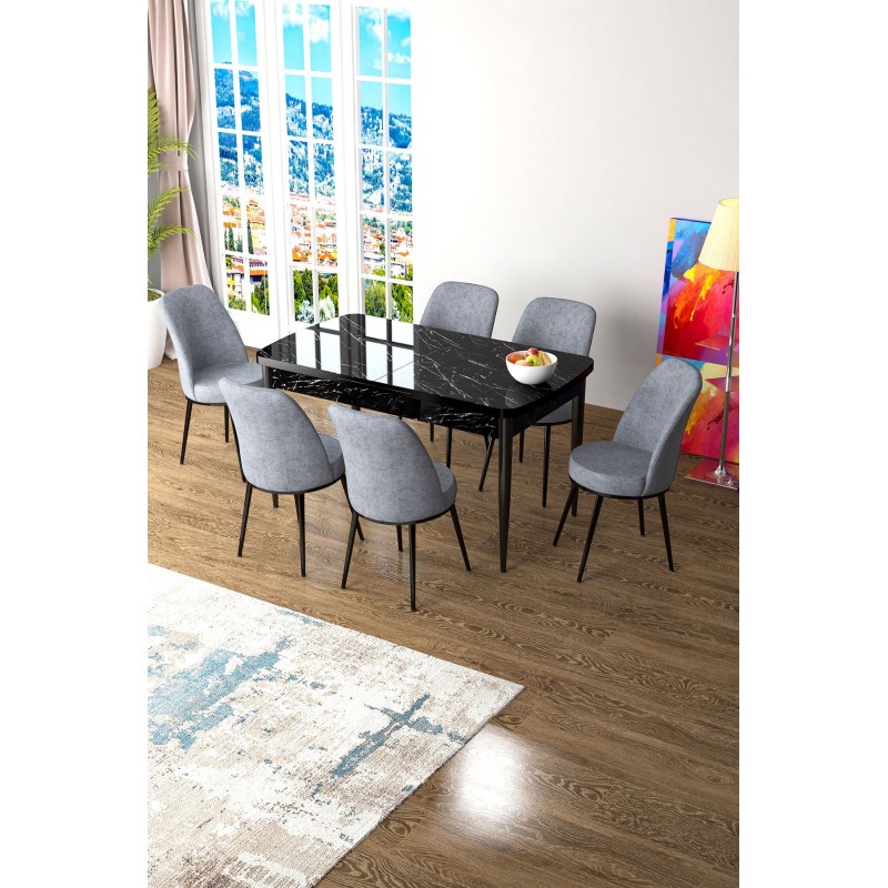 Extendable Dining Table & Chairs Set (7 Pieces) Zen - Black Marble, Grey Black Marble
Grey