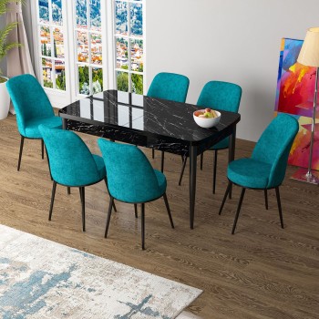Extendable Dining Table & Chairs Set (7 Pieces) Zen - Black Marble, Turquoise Black Marble
Turquoise