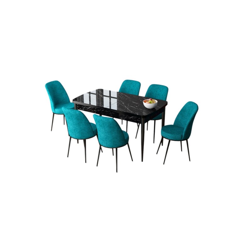 Extendable Dining Table & Chairs Set (7 Pieces) Zen - Black Marble, Turquoise Black Marble
Turquoise