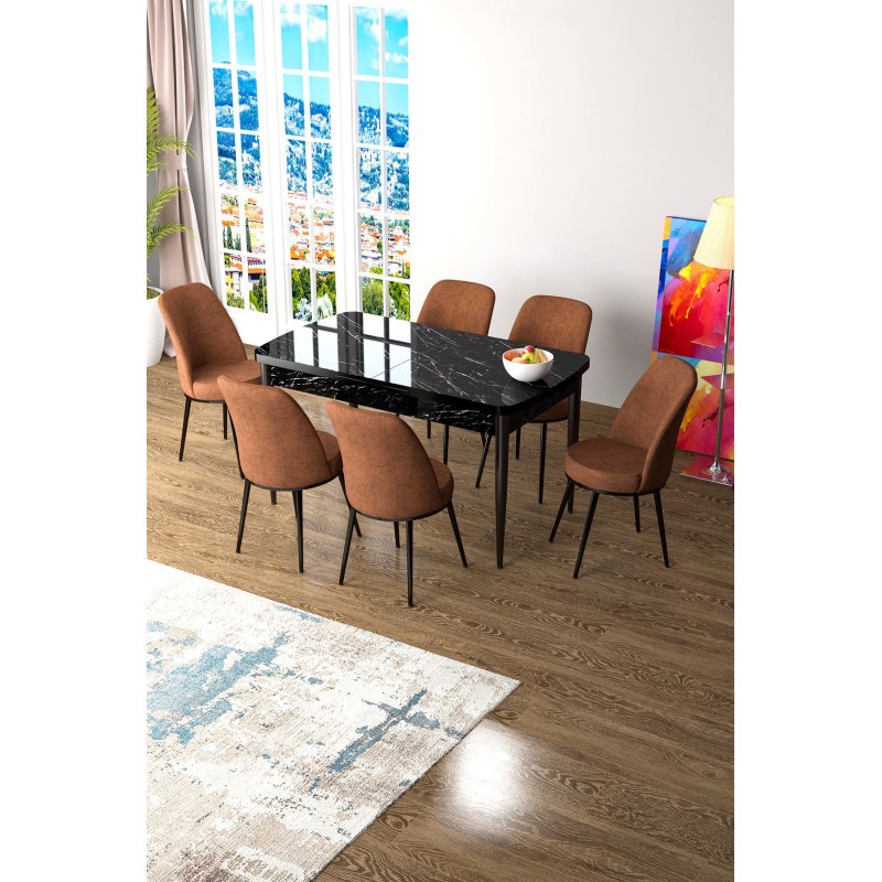 Extendable Dining Table & Chairs Set (7 Pieces) Zen - Black Marble, Tile Red Black Marble
Tile Red