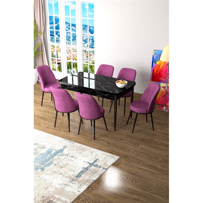 Extendable Dining Table & Chairs Set (7 Pieces) Zen - Black Marble, Purple Black Marble
Purple