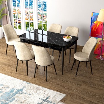 Extendable Dining Table & Chairs Set (7 Pieces) Zen - Black Marble, Cream Black Marble
Cream