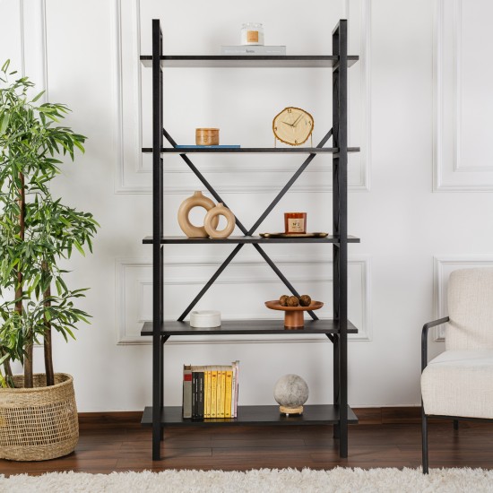 Βιβλιοθήκη Elysian - Χρώμα Μαύρο Ξύλο & Μαύρο - 90x34x180εκ Βιβλιοθήκη Elysian - Χρώμα Μαύρο Ξύλο & Μαύρο - 90x34x180εκ