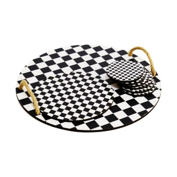 Wooden Tray & Glass Mat Set (8 Pieces) PLT0230 Black
White