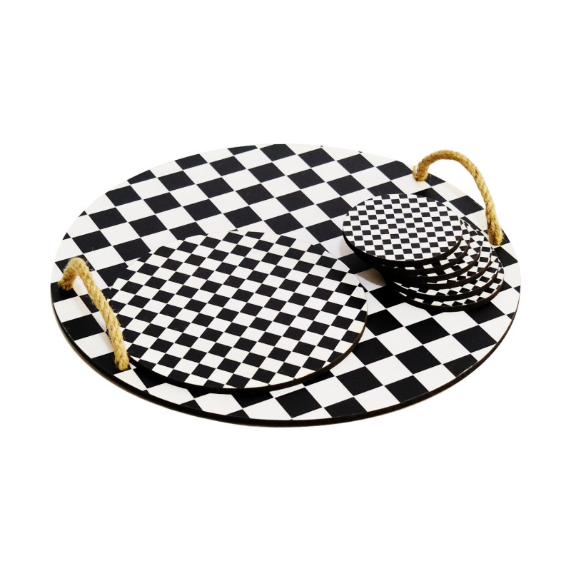 Wooden Tray & Glass Mat Set (8 Pieces) PLT0230 Black
White