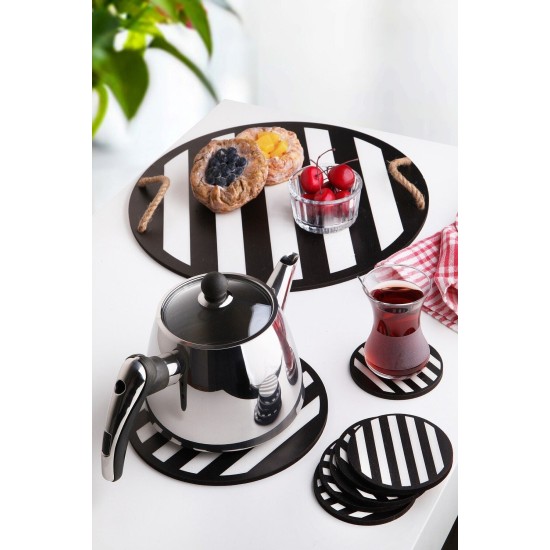 Hermia Wooden Tray & Glass Mat Set (8 Pieces) PLT0231 Black
White