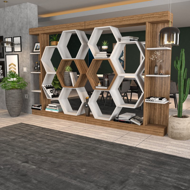 Βιβλιοθήκη - Sueno - Χρώμα Λευκό Καρυδί - 140x30x178εκ