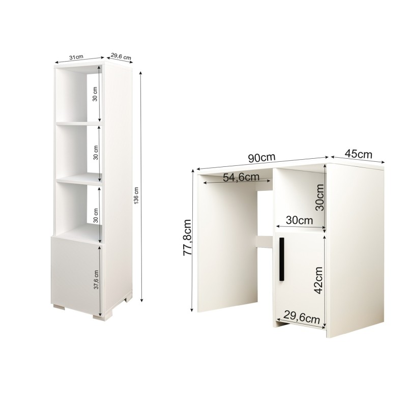 Study Desk & Bookshelf Kuzey Set - White White