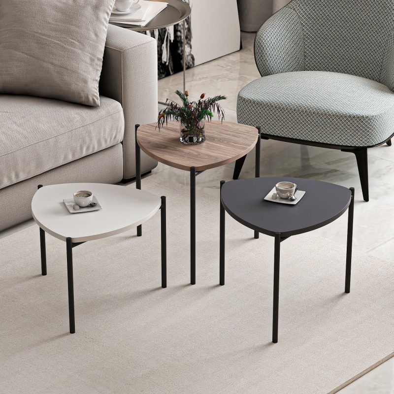 Βοηθητικά Τραπέζια Σετ (3 Τεμάχια) Lenny - Χρώμα Λευκό, Ανθρακί, Καρυδί